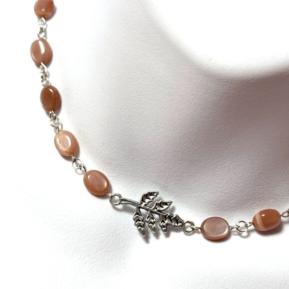 Peach Moonstone Adjustable Choker, Leaf Branch Pendant + Genuine Gemstone - Picture 1 of 16